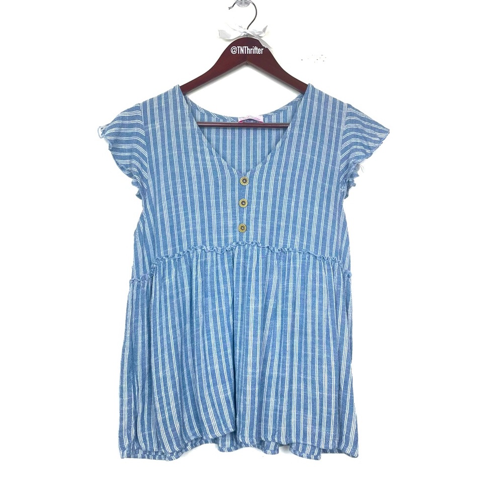 Pink Lily Women’s Linen Blend Babydoll Style Blouse Striped Small Boutique Boho
